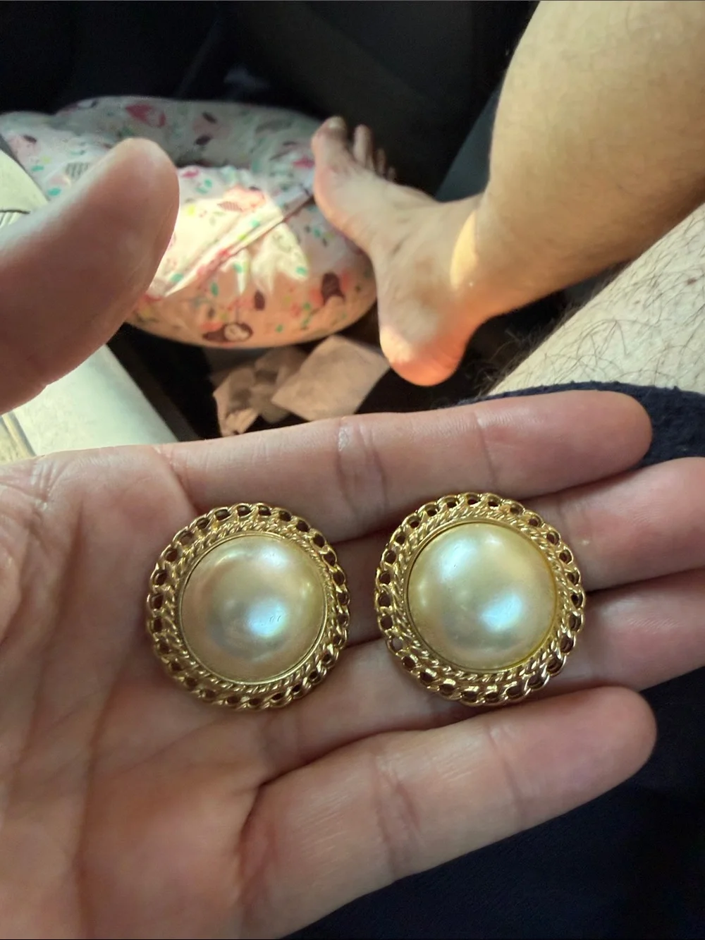 Vintage Classic Gold Tone Pearl Button Shoe Clips. I